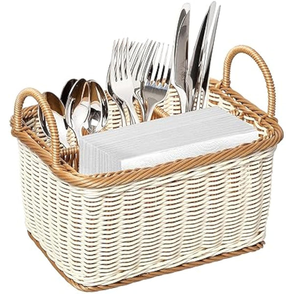 HEMOTON Rattan Cutlery Holder, Woven Cutlery Basket for Table, Table Holder for Cutlery and Utensils with Handles and 4 Division Compartments, for Kitchen, Dining Room, Garden or Picnic