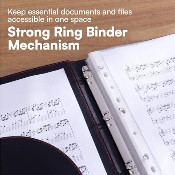 H&S A4 Portfolio Folder with Ring Binder Mechanism - with 40 Plastic A4 Document Pockets - Black Faux Leather Conference Folder