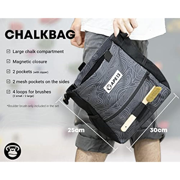 APE13® Chalkbag Boulder Set Consisting of Chalk Bag, Boulder Brush, Chalk (as Set & Single) - Perfect Bouldering Gift and Enough Space for Boulder Accessories