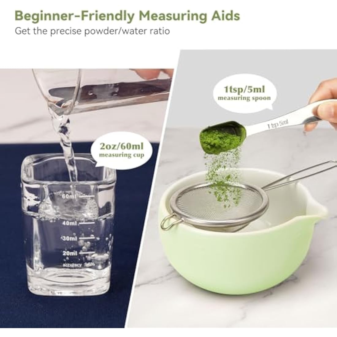 Joiish 10-Pcs Matcha Set, Bamboo Whisk and Bowl with Spout & Measuring Spoon, Chasen Holder, Sifter, Complete Matcha Tea Kit (Light Green)