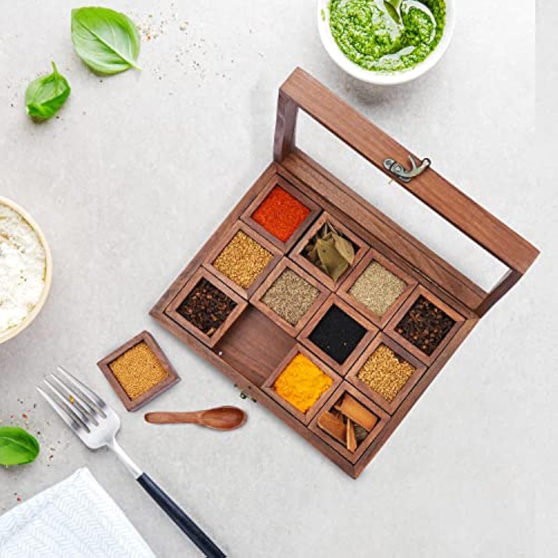Ajuny Wooden Spice Box - Masala Dabba Organizer with Glass Lid on Top, 12 Removable Compartments and 1 Designer Spoon Spice Storage Container, Ideal for Seasonings & Herbs Best Gifts