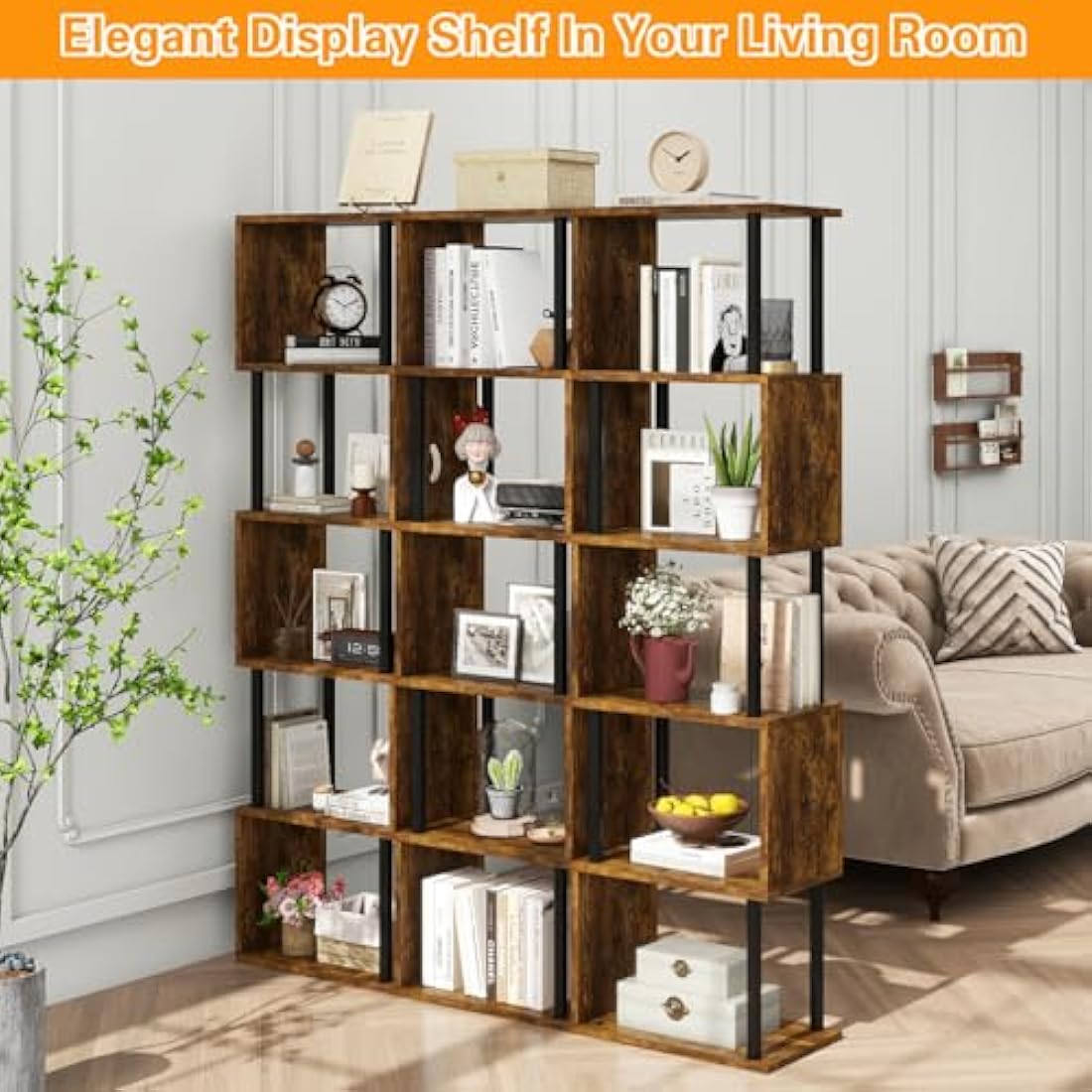 IBUYKE 6-Tier Tall Bookshelf,S-Shaped Geometric Bookcase, Wood Display Shelves With Storage,Industrial Bookshelf for Living Room Bedroom, Home Office, Rustic Brown WBC016H