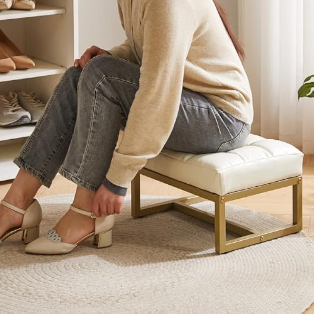 Aibiju Small Footstool Ottoman, Rectangle Faux Leather Footstool with Gold Metal Frame, Change Shoes Stool for Living Room, Bedroom, Entryway Office, White YD-JD139W