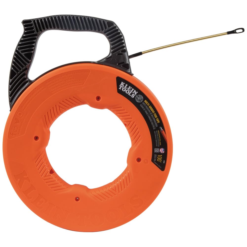 KLEIN TOOLS 56382 Fish Tape, Multi-Groove Fiberglass Wire Puller with Nylon Tip, Optimized Housing and Handle,Orange/Black, 15 m