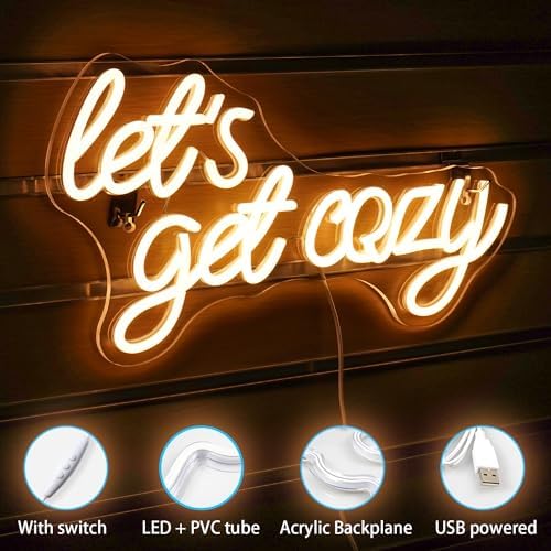 Horseneon Let's Get Cozy Neon Light Sign Warm White Letter Neon Lights Led Neon Sign for Wall USB Dimmable Neon Lights for Bedroom Bar Cafe Club Salon Store Party