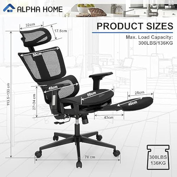 ALPHA HOME Office Chair Ergonomic Desk Chair with Retractable Footrest High Back Manager Chair Computer Home Office Chair 90-130° Tilt Angle with 3D-Armrest,Adjustable headrest,Lumbar Support