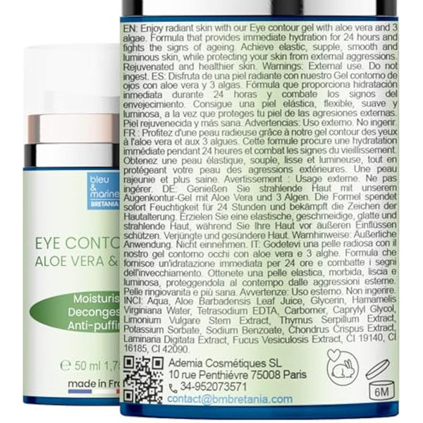 Aloe Vera & Seawwed Decongestant Eye Contour Gel 50 ml ● Reduces Puffiness and Dark circles ● Preps skin for perfect eye make-up application and lasting wear ● made in France 50 ml