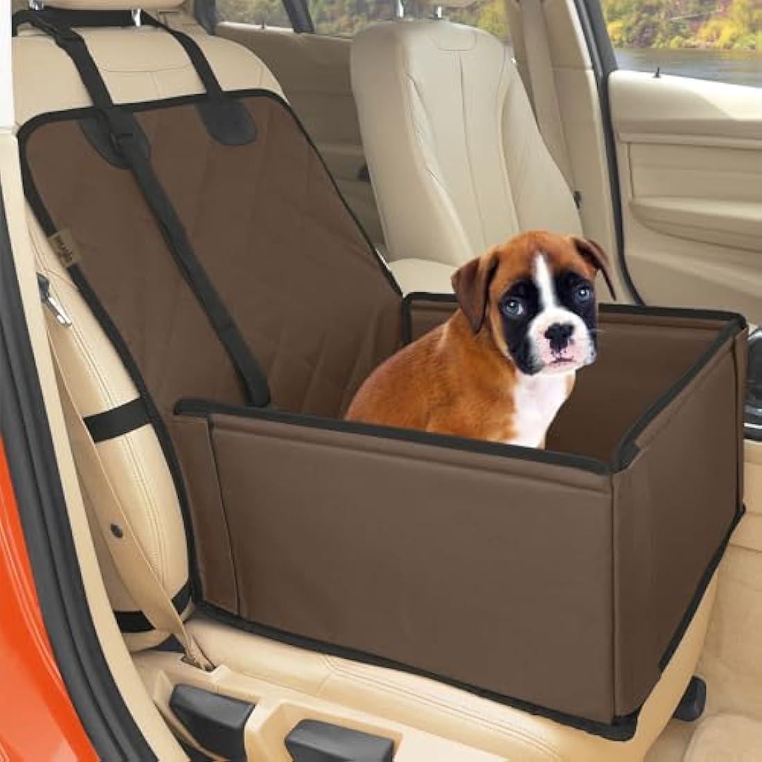 Wuglo Extra Stable Dog Car Seat - Robust Car Dog Seat or Puppy Car Seat for Small to Medium-Sized Dogs - Reinforced Walls and 3 Belts - Waterproof Pet Car Seat for Back and Front Seat (Brown)