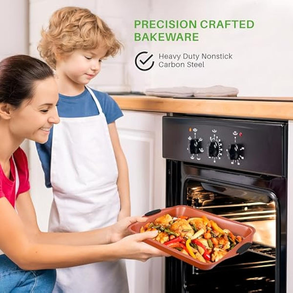 8 Piece Baking Pan Set - PFOA, PFOS, PTFE Free Flexible Nonstick Carbon Steel Bakeware Set - Home Kitchen Bake Pan Cookie Sheet Stackable Baking Tray Set w/Black Silicone Handles