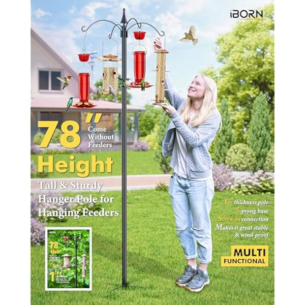 iBorn Bird Feeders Hanging Station 87Inch Wild Bird Feeding Station Stand Heavy Duty For Feeders Hanging, 1 Inch Thickness Pole, 4-Hooks,5-Prong Pole Stabilizer(Bird Feeders NOT Included)