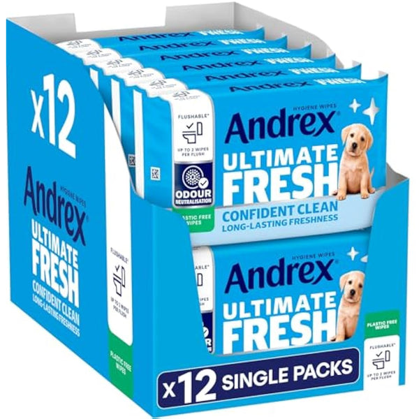 Andrex Ultimate Fresh Washlets, 12 Packs - Gentle, Biodegradable, Flushable Toilet Wipes for Everyday Hygiene, Use with Regular Toilet Roll for a Shower Fresh Clean