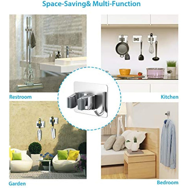 homeasy Mop Broom Holder, 4 Pcs Stainless Steel Self Adhesive Mop Holder Wall Mounted with Hooks Hanger Self-Adhesive Broom Holder for Bathroom, Kitchen, Office, Closet, Garden Garage(Silver)