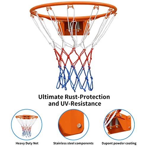 FUNJRPE Basketball Double Spring Solid Rim, Basketball Net, Indoor Outdoor Hanging Basketball Goal with All Weather Net Wall Mounted Basketball Hoop