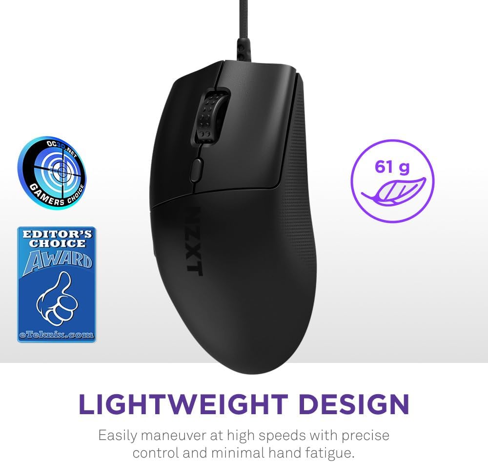 NZXT Lift 2 Ergo | Lightweight Ergonomic Wired Gaming Mouse | Lightweight 61 g Design | 8K Polling Rate | Optical Switches | 26K DPI Optical Sensor | 100% PTFE Feet | Black