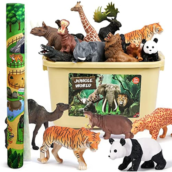 FRUSE Safari Animals Figures Toys with 145x98cm Jumbo Play Mat,12PCS Jungle Zoo Animals Playset with Lion,Elephant,Educational Learning Toys for Kids