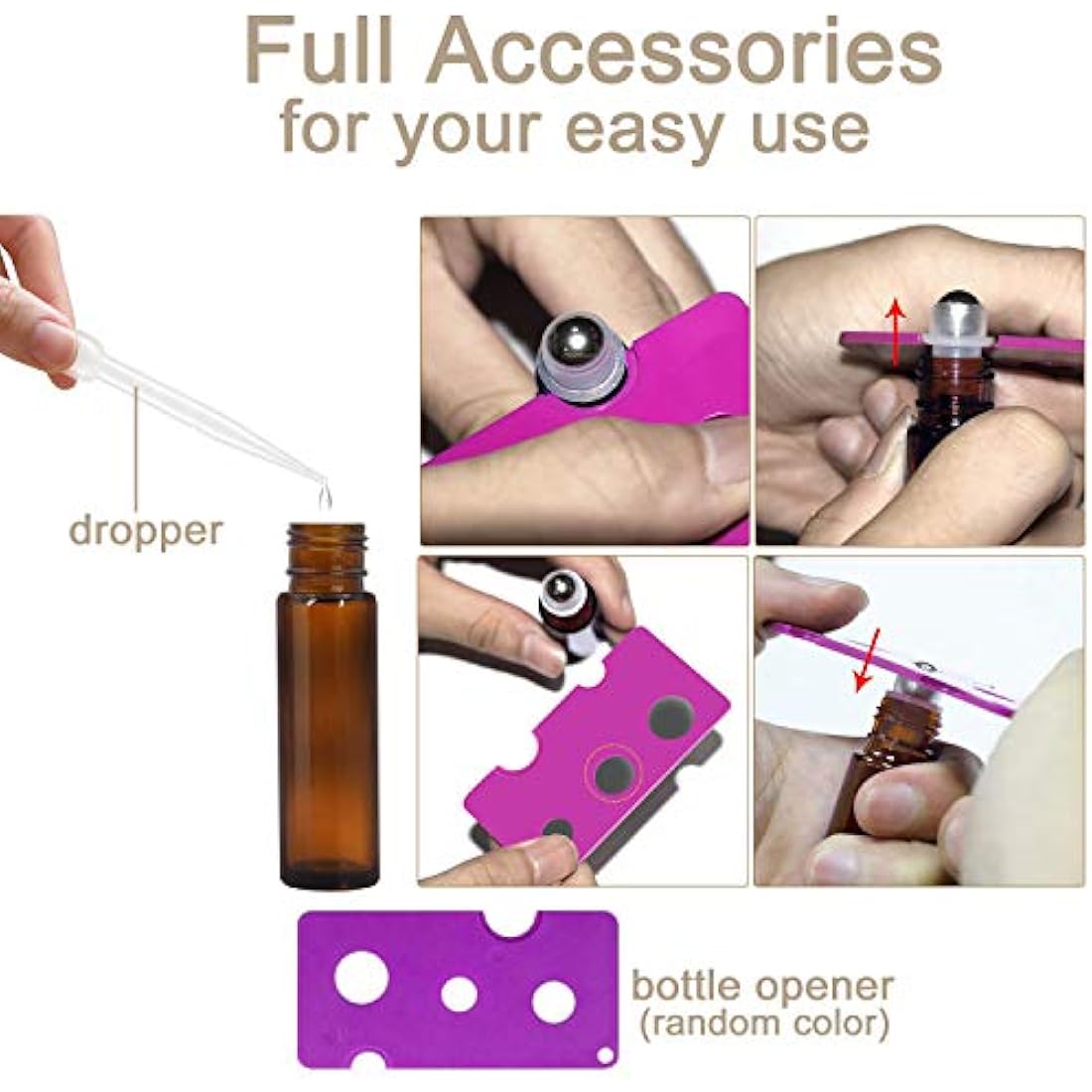 JamHooDirect 10Pcs, 10Ml Essential Oils Roll on Bottles Travel Refillable Amber Glass Roller Bottles with Stainless Steel Roller Balls, (Includes 1 Bottle Opener & 12Pcs Label)