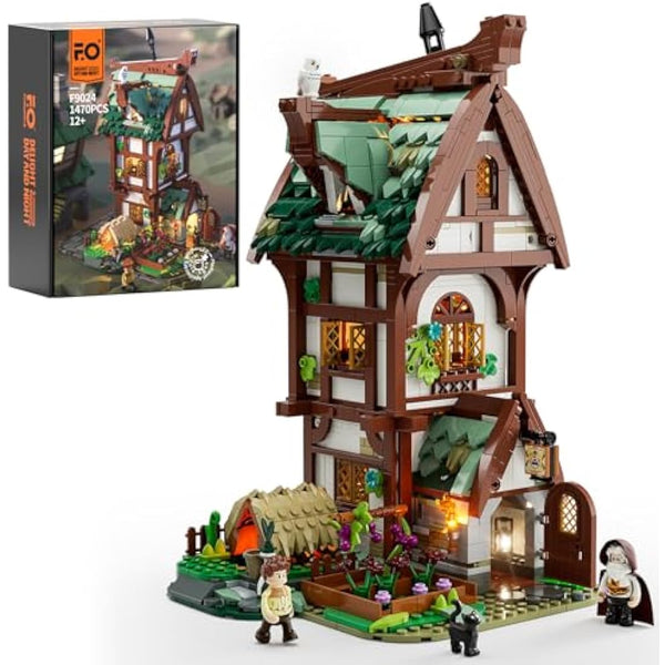 FUNWHOLE Medieval Apothecary Shop Building-Bricks Set with LED Lights, 1470 Pcs Middle Age Town Construction Toy Building Model Set for Adults and Teen
