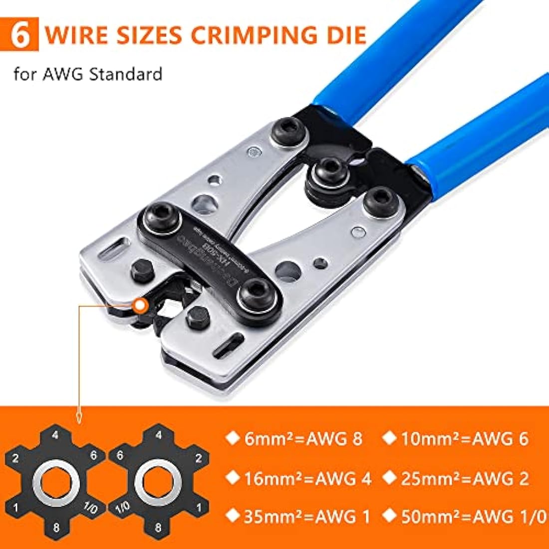HX-50B Battery Cable Lug Crimping Tools Hand Electrician Pliers for Crimping Wire Cable from 6-50mm²(AWG 8-1/0) with Thickened and Reinforced The Metal Plate (HX50B Crmper +60PCSTerminals)