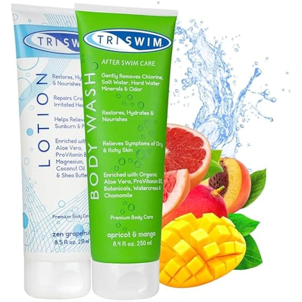 TRISWIM - Chlorine Removal Body Care Bundle for Swimmers, After Swim Body Wash and Body Lotion, Shower Gel For Swimmers & Body Moisturiser For Dry Skin, Anti-Chlorine Skin Treatment, Vegan- 2x250ml