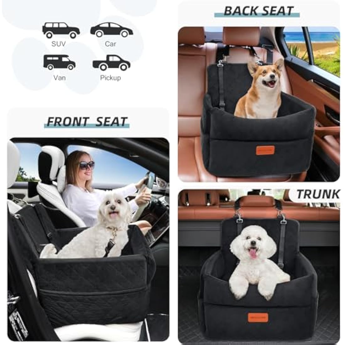 HEGGCOOE Small Dog Car Seat, Memory Foam Dog Booster Seats with Thick Cushion for Medium Dogs Under 35lbs, Detachable Washable Pet Car Seat with Storage Pockets,2 Safety Belts