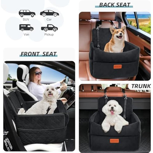 HEGGCOOE Small Dog Car Seat, Memory Foam Dog Booster Seats with Thick Cushion for Medium Dogs Under 35lbs, Detachable Washable Pet Car Seat with Storage Pockets,2 Safety Belts
