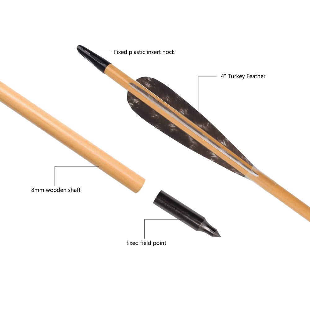 30 Inch Wooden Arrows Hunting 4 Inch Turkey Feathers Fletching Practice Target Arrow for Traditional Recurve Bow Horsebow Longbow (Pack of 12)