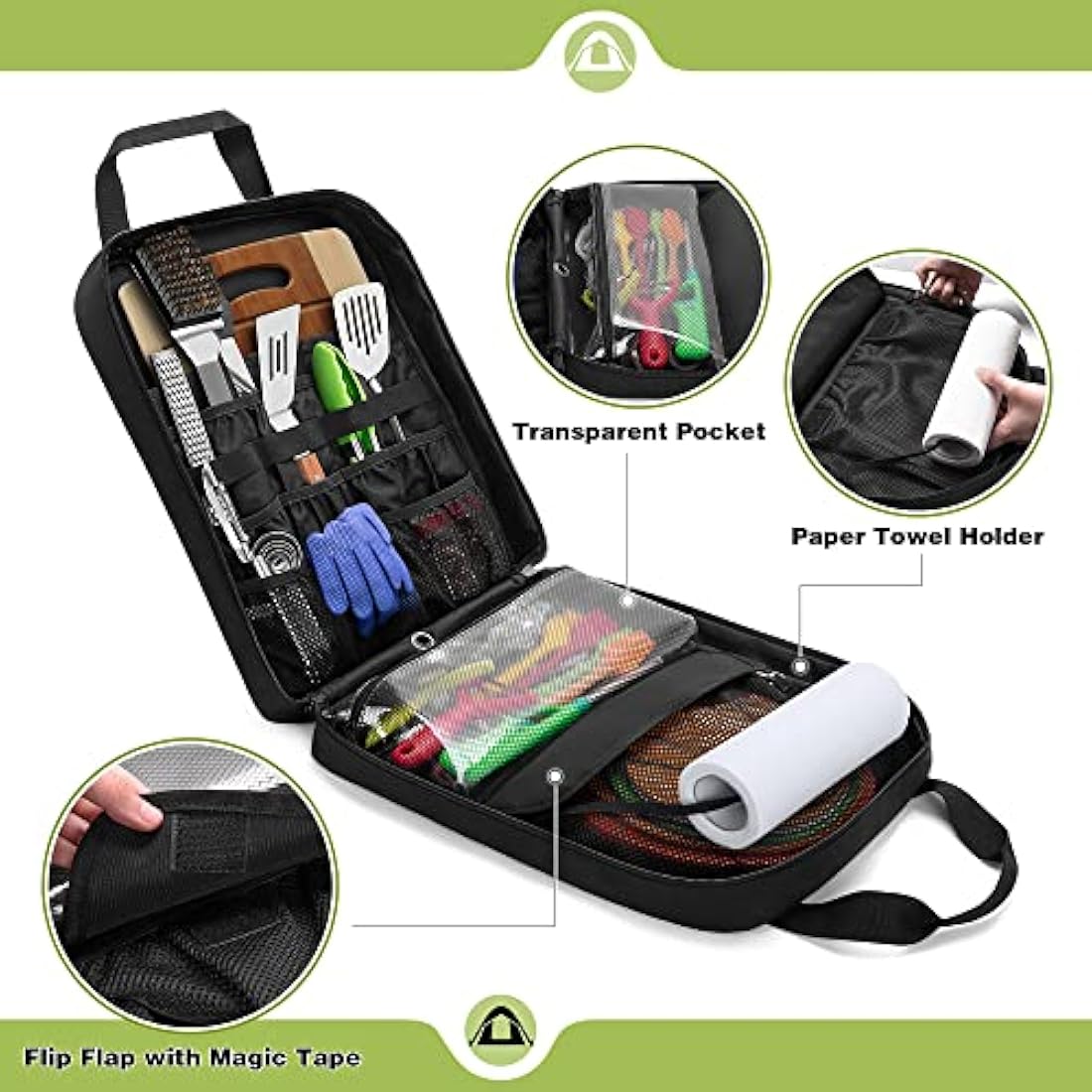 HODRANT Travel Camp Utensil Organizer Bag, with Hanging Straps & Towel Paper Holder, Camp Kitchen Case for Cooking Utensil Set, Kitchen Accessories Storage Bag for Outdoor Camping & Hiking, Bag Only