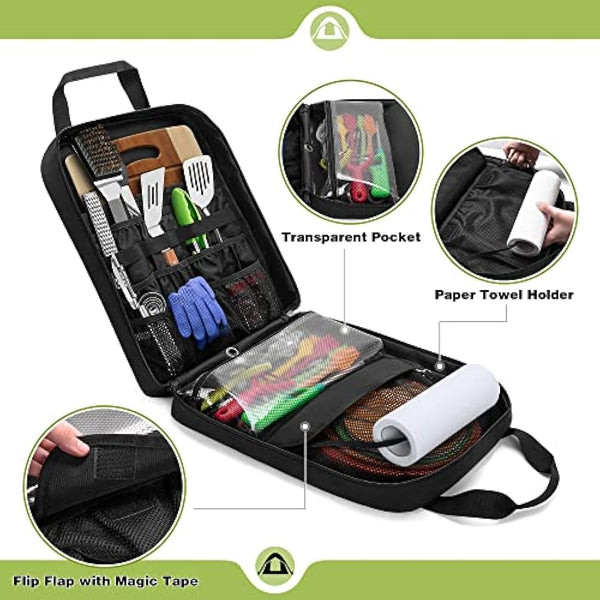 HODRANT Travel Camp Utensil Organizer Bag, with Hanging Straps & Towel Paper Holder, Camp Kitchen Case for Cooking Utensil Set, Kitchen Accessories Storage Bag for Outdoor Camping & Hiking, Bag Only