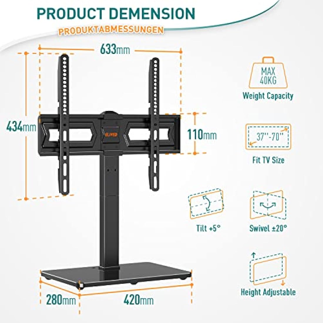 ELIVED Swivel Table Top TV Stand for most 37"-70" TVs with Max VESA 600x400mm up to 40KG, Height Adjustable TV stand for Plasma, LCD, LED, OLED Flat/Curved TVs, Universal Table Top TV Stand EV017