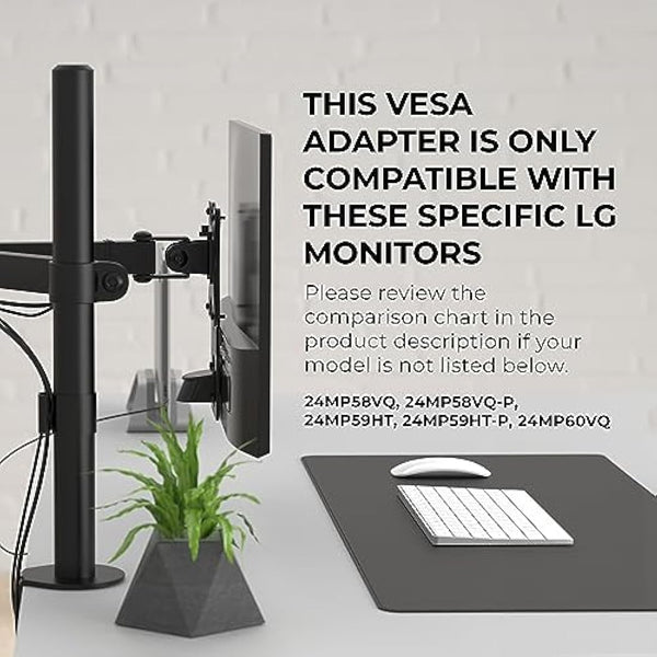 HumanCentric VESA Mount Adapter Compatible with LG Monitors 24MP58VQ, 24MP58VQ-P, 24MP59HT, 24MP59HT-P, and 24MP60VQ, Mounts Monitor to VESA Stand, Arm or Desk Mount with 75x75 or 100x100 mm Pattern
