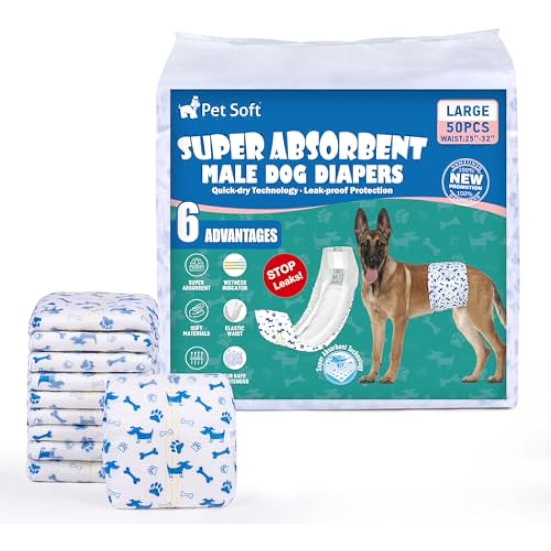 Pet Soft Dog Nappies - Super Absorbent Disposable Dog Wraps with Wetness Indicator, 50 Counts Incontinence Nappy Wraps (L-50 Count)