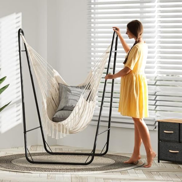 YITAHOME Hammock with Stand, Max. load 150 kg, Hammock Stand with Hanging Swing, 132x90x160 cm, Sturdy Steel Frame, Swing Chair with 2 Hooks and 1 Side Pocket for Patio, Balcony and Garden, White
