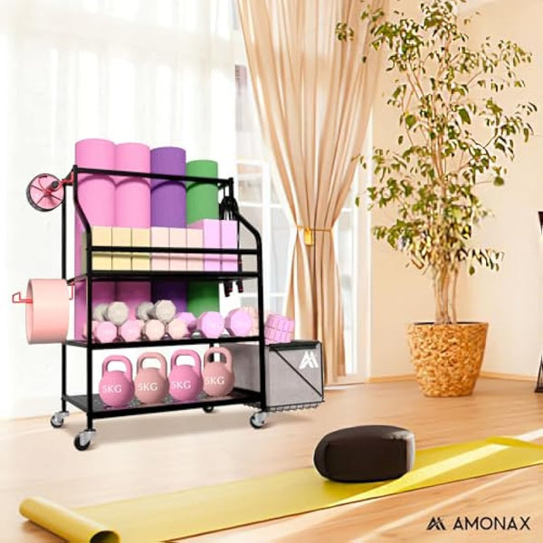 Amonax Home Gym Storage Dumbbell Rack, Weight Stand Kettlebell Rack Yoga Mat Holder Rack for Barbell Pad Resistance Band Foam Roller, Fitness Accessories Organizer Workout Equipment for Women