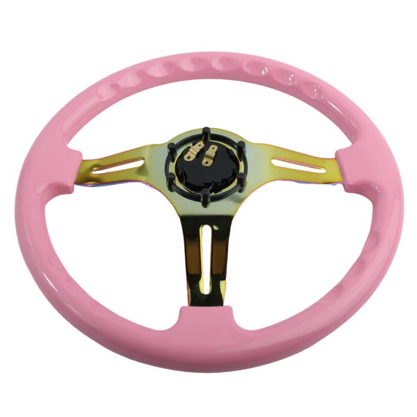 350mm Green Racing Steering Wheel Neo Chrome Spoke Universal 6 Bolts 45mm Deep Dish Classic ABS Wood Steering Wheel with Horn Button