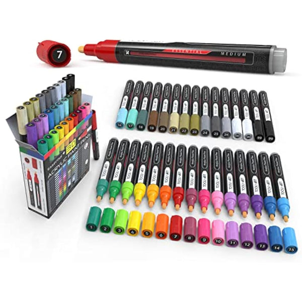 Acrylic Markers, Paint Pens Assorted Vibrant Markers for Rock Painting, Canvas, Glass, Mugs, Wood, Ceramic, Fabric, Metal, Scrapbooking. Non Toxic, Quick Dry, Multi-Surface, Lightfast (MEDIUM)