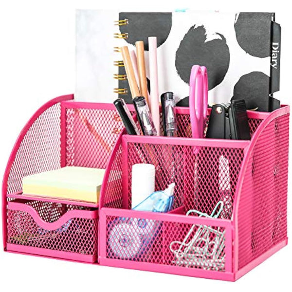 EXERZ Desk Organiser/Mesh Desk Tidy Caddy/Pencil Holder Multifunctional with 7 Compartments - Pink