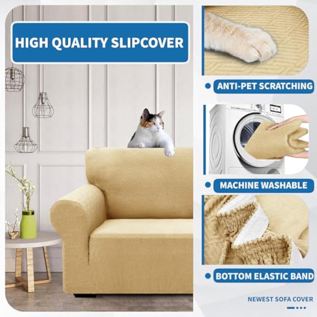 XINEAGE High Stretch Sofa Covers 2 Seater Latest Jacquard Loveseat Covers 1 Piece Couch Covers for 2 Seater Non Slip Sofa Covers for Dogs Washable Sofa Slipcovers Living Room (2 Seater, Beige)