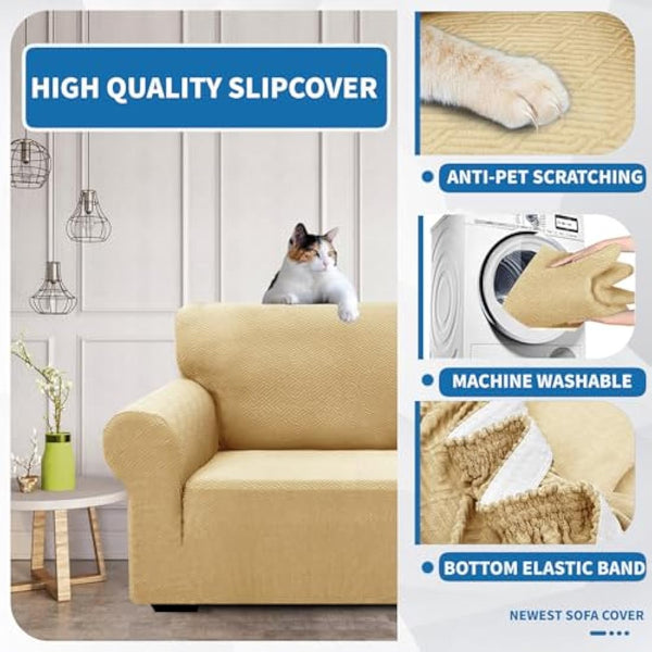 XINEAGE High Stretch Sofa Covers 4 Seater Latest Jacquard Extra Large Couch Covers for Dogs Pet 1 Piece Sofa Slipcovers Living Room Non Slip Couch Furniture Protector Washable (4 Seater, Beige)