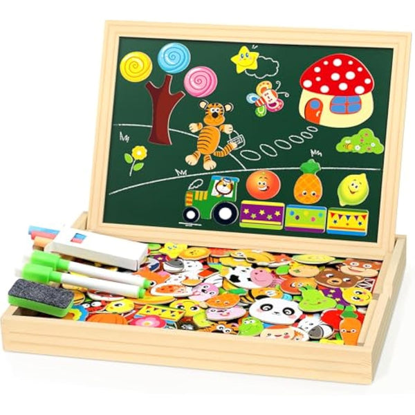 Jojoin 130 PCS Wooden Magnetic Puzzle - New Magnetic Puzzle Board - Cute Animal Fruit Pattern Games Double Sided Jigsaw - Montessori Educational Toys Gift for 3 4 5 Year Old Boys Girls