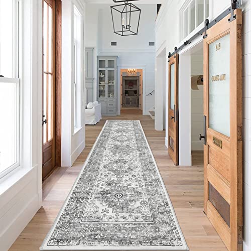 Enyhom Carpet Runners, 60 x 240 cm Grey Extra Long Runner Rugs for Hallway Non Slip Laundry Room Area Rug Runner Machine Washable Kitchen Floor Mat