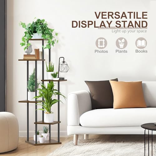 LyTaispuly 6 Tier Oak Wood & Metal Plant Stand, 115cm Tall, Indoor/Outdoor, 55kg Load Capacity, Easy Assembly, Corner Design