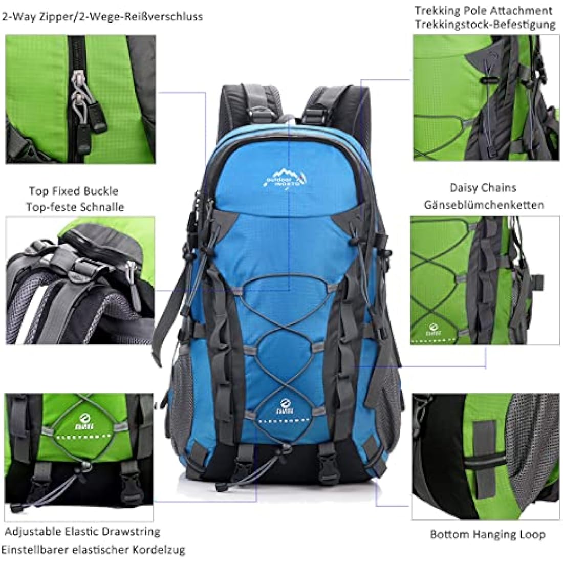 A AM SeaBlue 40L Hiking Backpack for Men and Women Trekking Rucksack Lightweight Travel Daypack with Waterproof Rain Cover,Large Sports Bag for Outdoor Activities