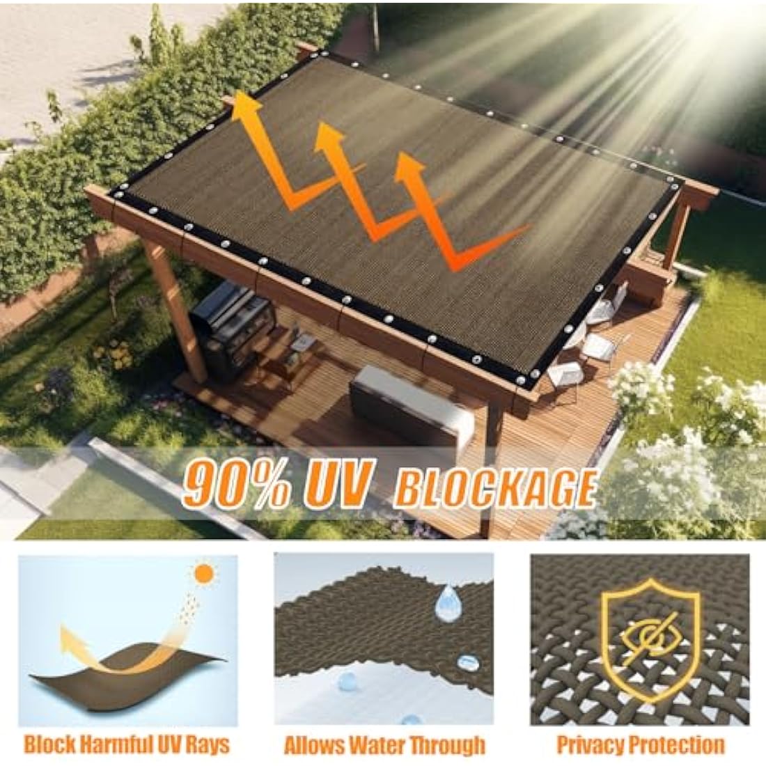 KANAGAWA 90% Sun Shade Cloth 12'X 20' Outdoor Pergola Shade Cover Canopy with Grommets UV Block Privacy Screen for Patio, Backyards, Outdoor, Carport, Garden, Mocha