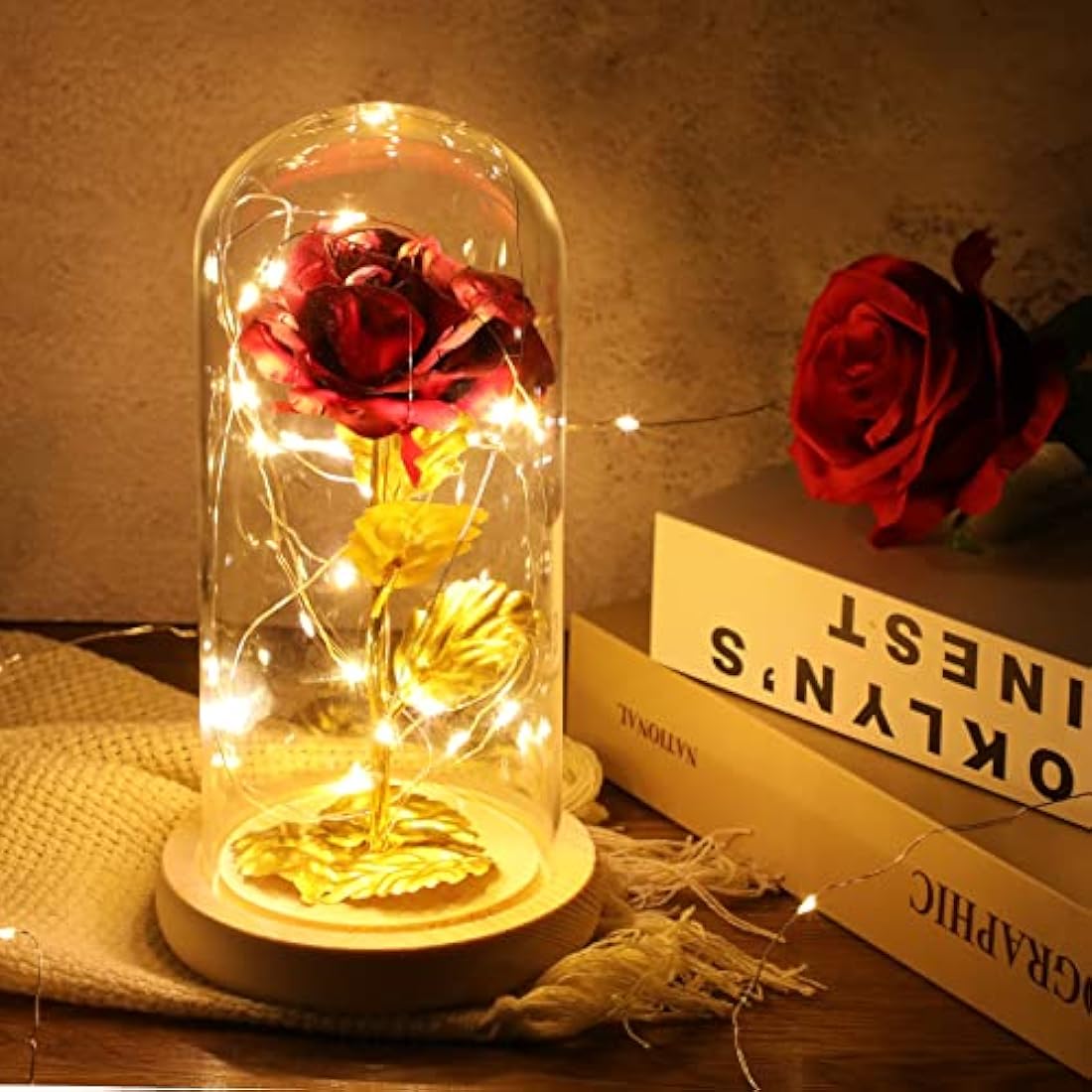 ADAZ 24K Eternal Rose for Women/Wife/Grandma/Girlfriend for Her Rose Flower Artificial Roses in Glass Dome with LED Light Strip on Mother's Day Valentine's Day,Anniversary