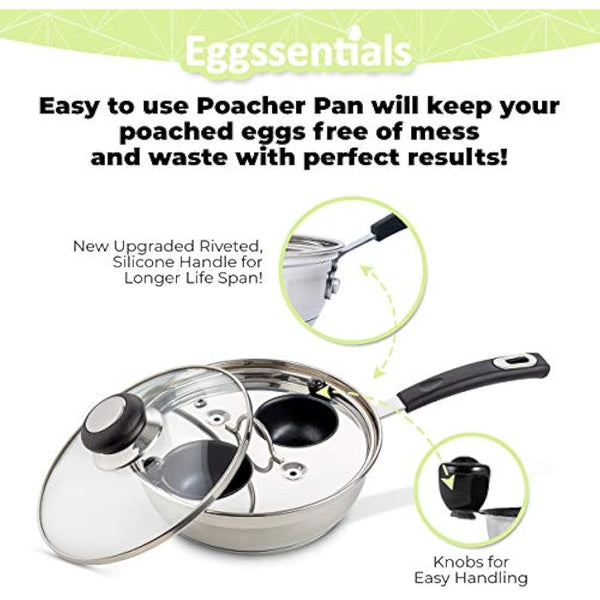 Eggssentials Egg Poacher Pan - Nonstick Coating, Stainless Steel, PFOA Free Poached Egg Maker with Spatula