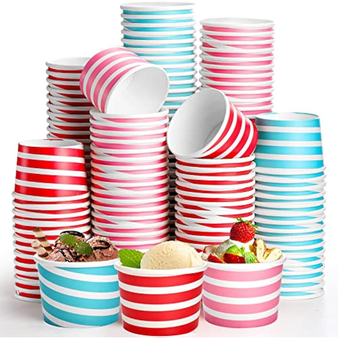 Hacaroa 150 Count 240 ml Paper Ice Cream Cups, Disposable Dessert Bowls Sundae Cup Party Supplies Treat Cups for Frozen Yogurt, Hot and Cold Food, 3 Colors Stripes