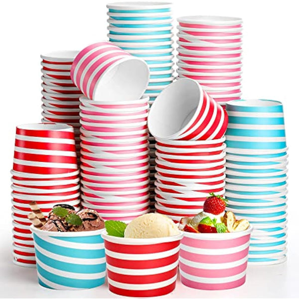 Hacaroa 150 Count 240 ml Paper Ice Cream Cups, Disposable Dessert Bowls Sundae Cup Party Supplies Treat Cups for Frozen Yogurt, Hot and Cold Food, 3 Colors Stripes