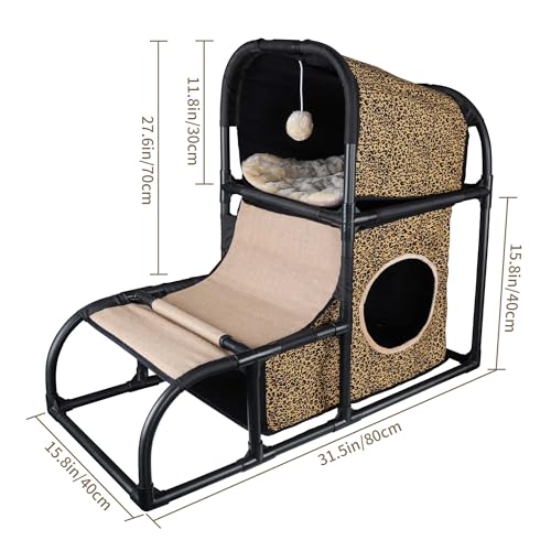 Goetland PVC Modern Cat Condo Cat House Cat Tree Medium Cat Tower Bed Scratching Post Climber Peek Dangling Ball Hole For Kitty Indoors Cat Leopard