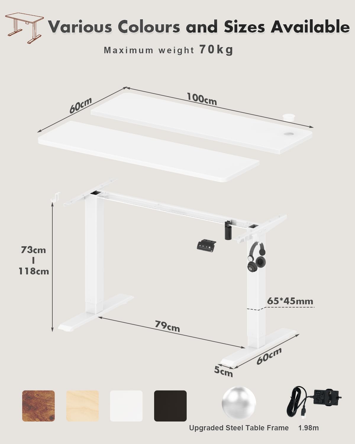 Devoko Electric Standing Desk 120x60cm Sit Stand Table Height Adjustable with Backpack Hook and Memory Smart Pannel, Home Office, White