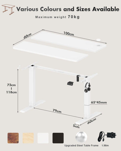 Devoko Electric Standing Desk 120x60cm Sit Stand Table Height Adjustable with Backpack Hook and Memory Smart Pannel, Home Office, White